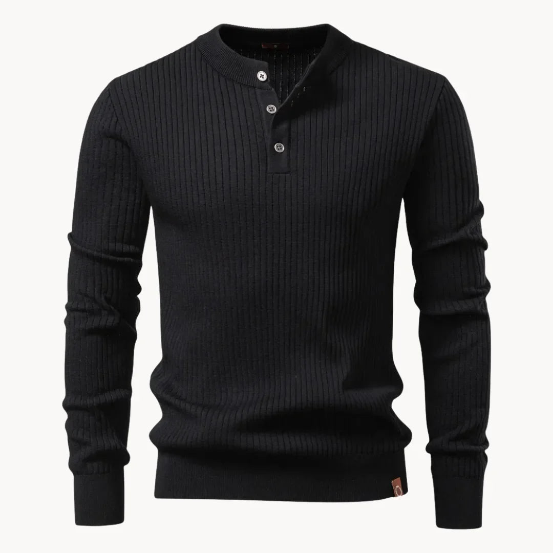 Maglione uomo girocollo con bottoni e maniche lunghe, a costine, casual - Nero