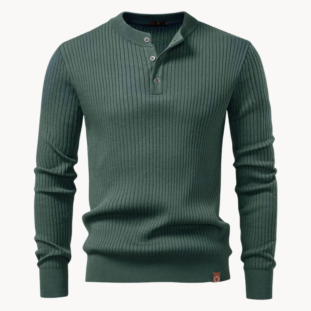 Maglione uomo girocollo con bottoni e maniche lunghe, a costine, casual - Verde