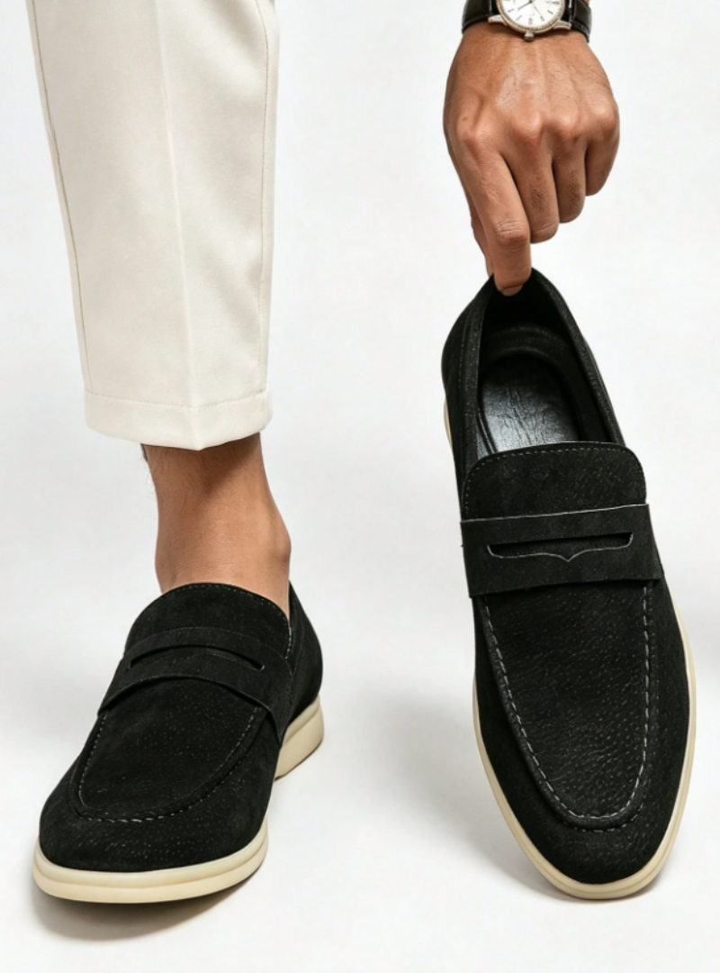 Mocassini da uomo in camoscio, slip on, eleganti da giorno e da cerimonia - Nero