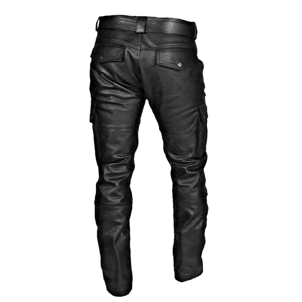 Pantaloni in pelle da uomo slim fit, stile moto con tasche cargo laterali - view 2