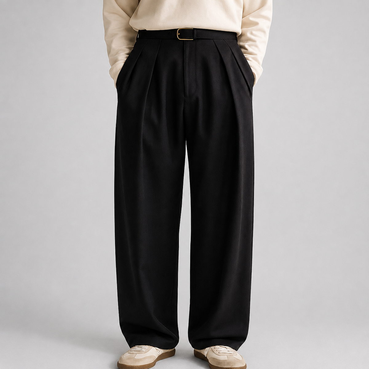 Pantaloni larghi da uomo con pinces e vita alta, eleganti da cerimonia e ufficio - Nero