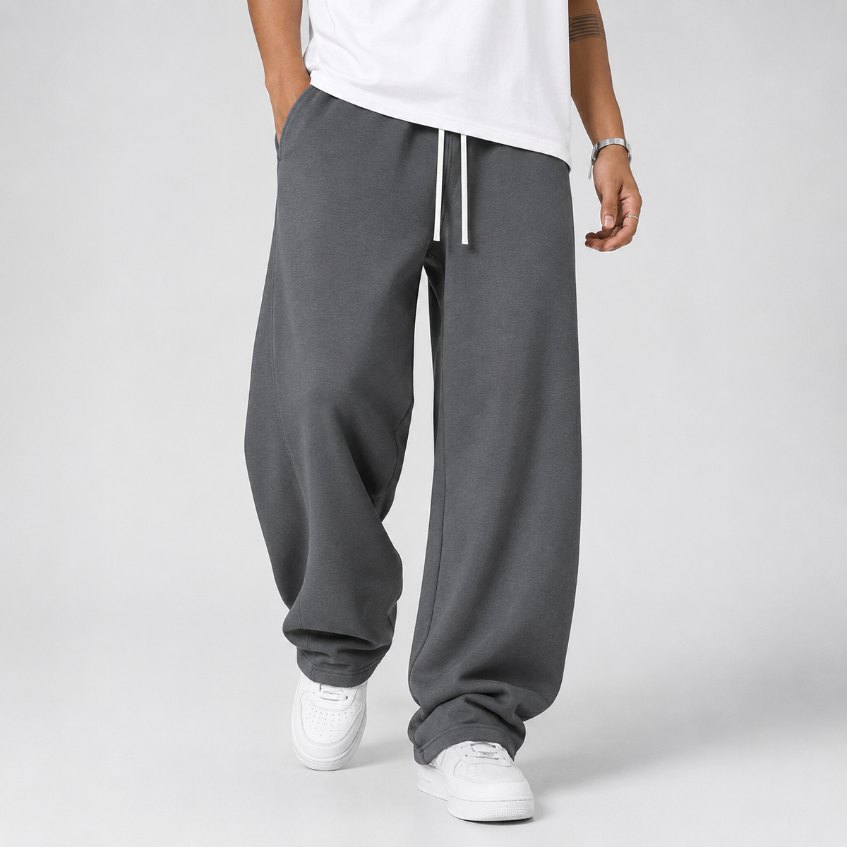 Pantaloni tuta da uomo joggers a gamba larga con coulisse, taglio ampio per tutti i giorni e la palestra - Grigio scuro