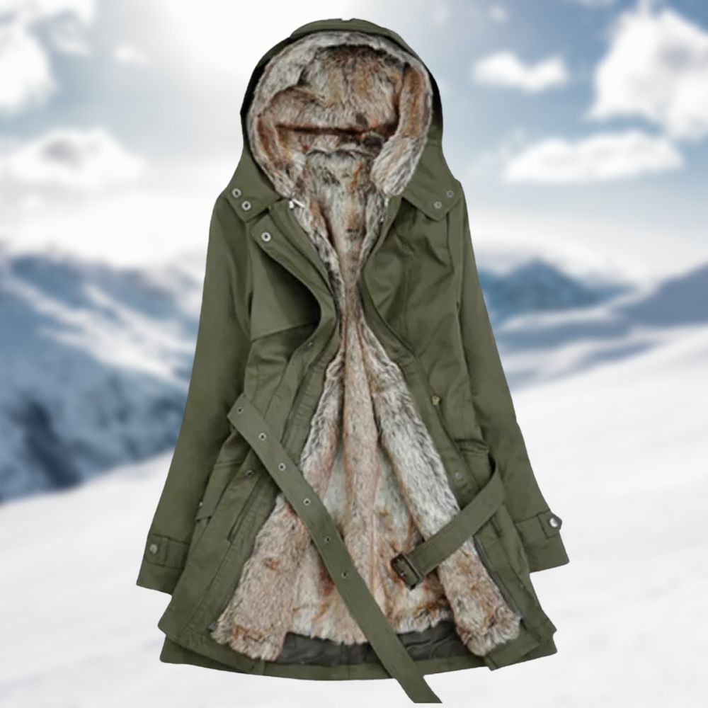 Parka invernale da donna con cappuccio e cintura, foderato in pelo sintetico, mezza lunghezza - Verde