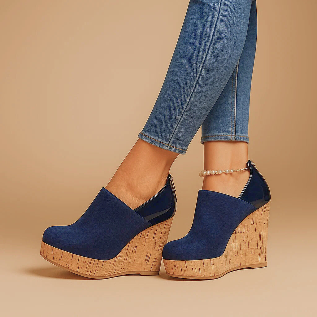 Scarpe con zeppa e plateau da donna in camoscio, slip-on comode ed eleganti con suola in sughero - view 5