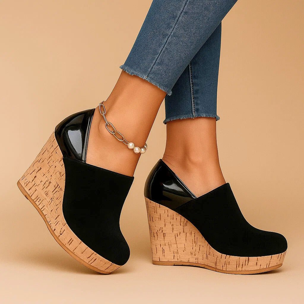 Scarpe con zeppa e plateau da donna in camoscio, slip-on comode ed eleganti con suola in sughero - view 6