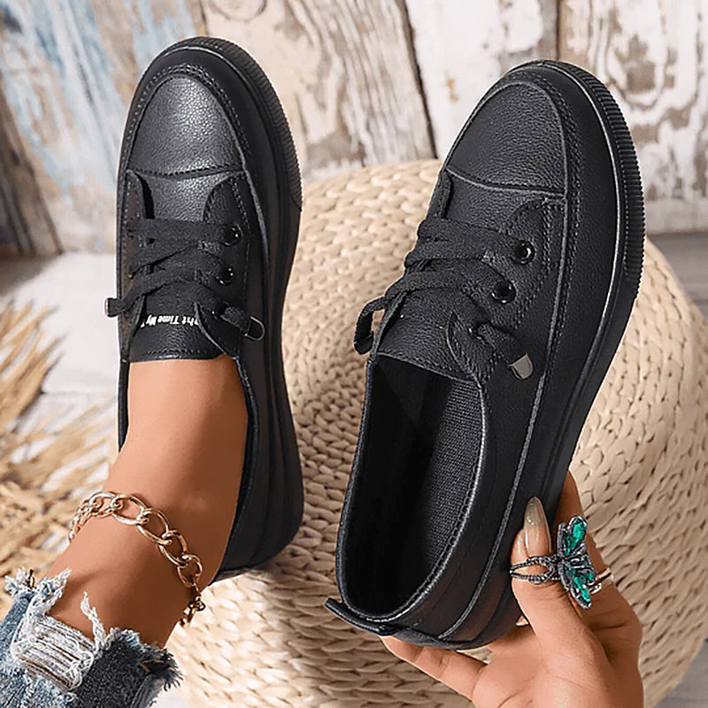 Sneakers donna basse in tela con lacci, scarpe da ginnastica casual - Nero