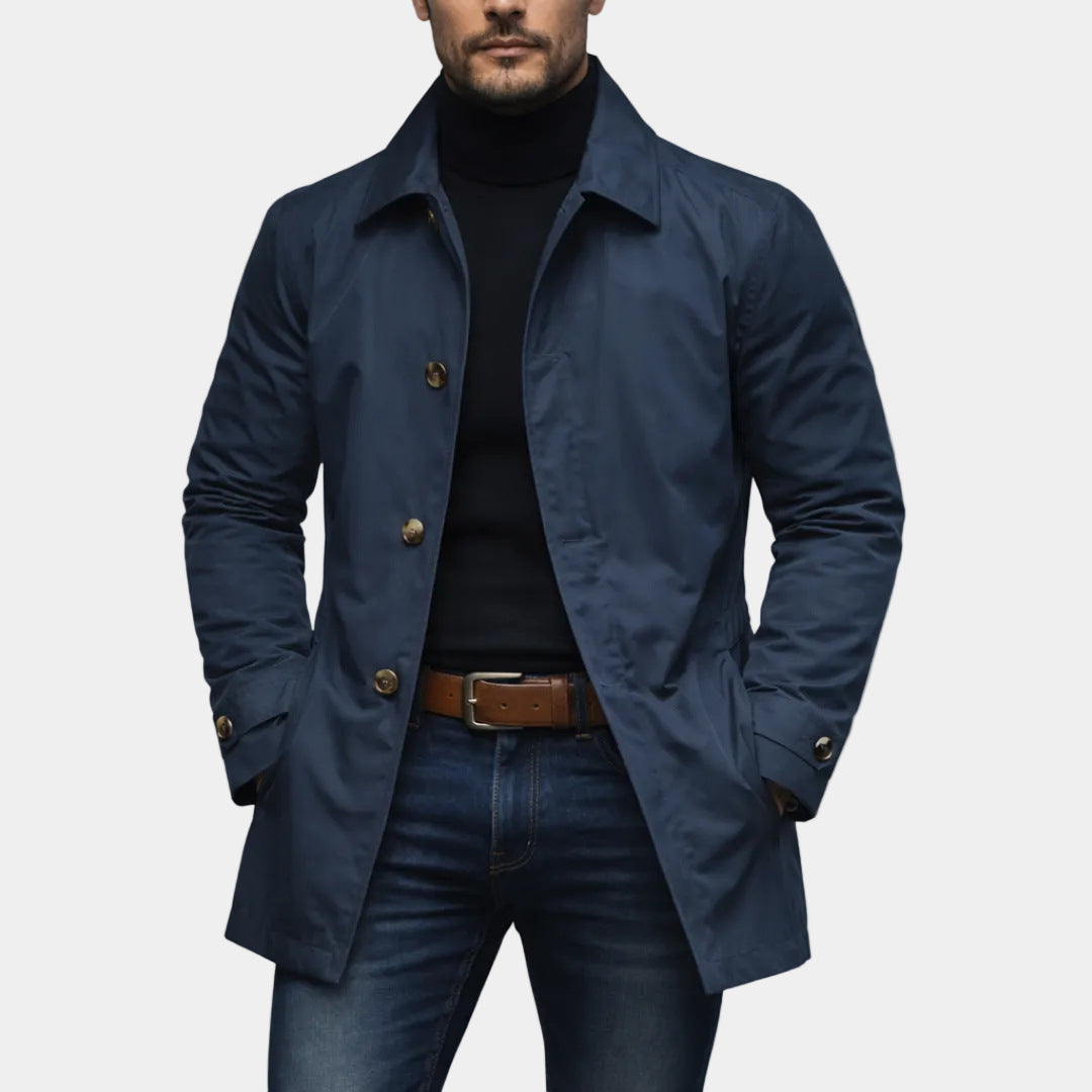 Soprabito da uomo corto e monopetto con collo classico, elegante per la primavera e l'ufficio - Blu navy