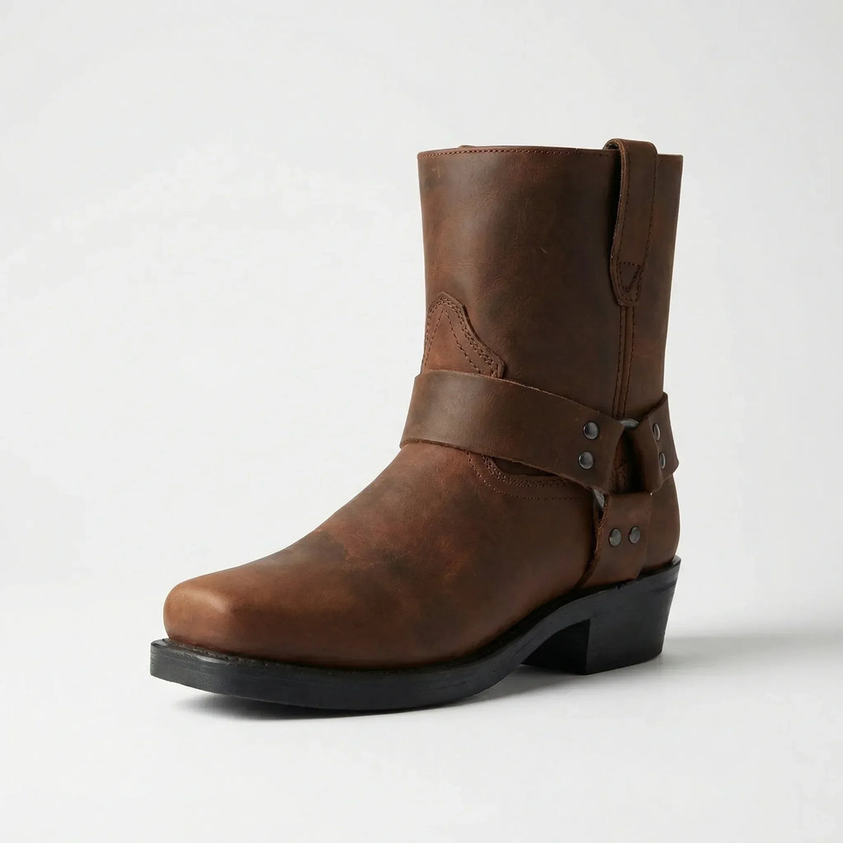 Stivaletti da uomo in pelle, stile western con cinturino e tacco, senza lacci - Marrone scuro