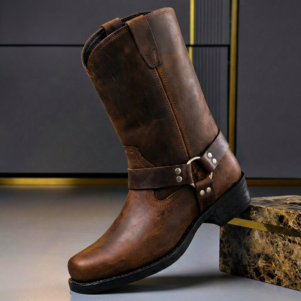 Stivali da uomo western in pelle con fibbia harness, vintage biker e da cowboy - view 5