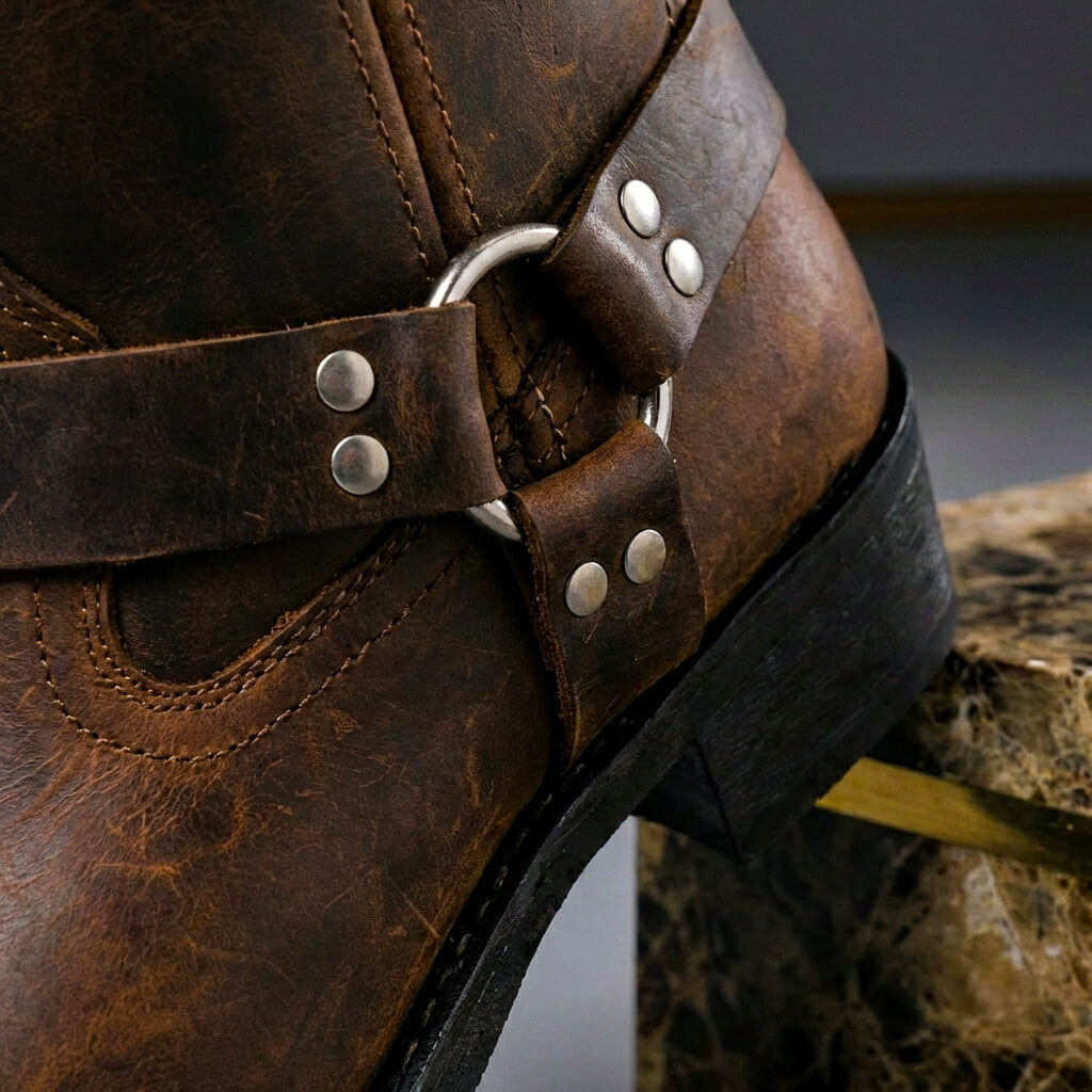 Stivali da uomo western in pelle con fibbia harness, vintage biker e da cowboy - view 6