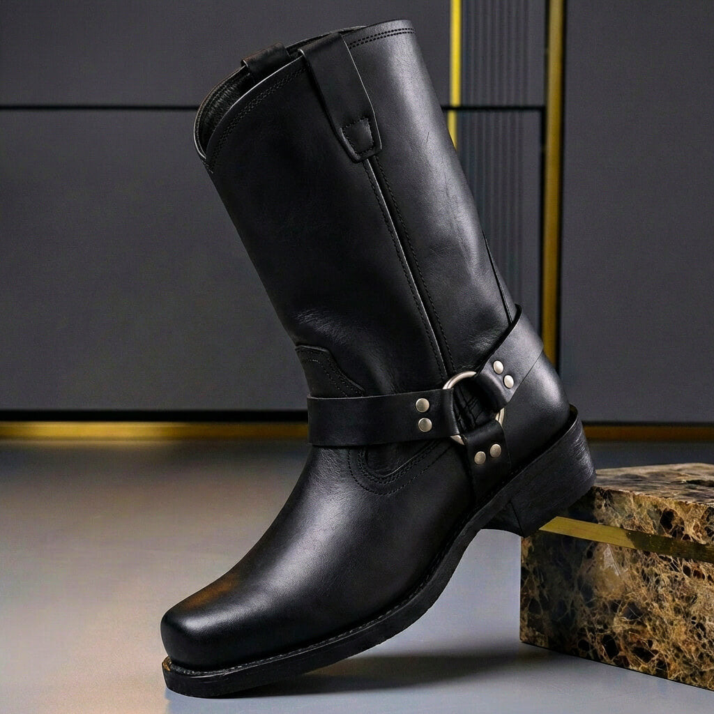 Stivali da uomo western in pelle con fibbia harness, vintage biker e da cowboy - Nero Ossidiana