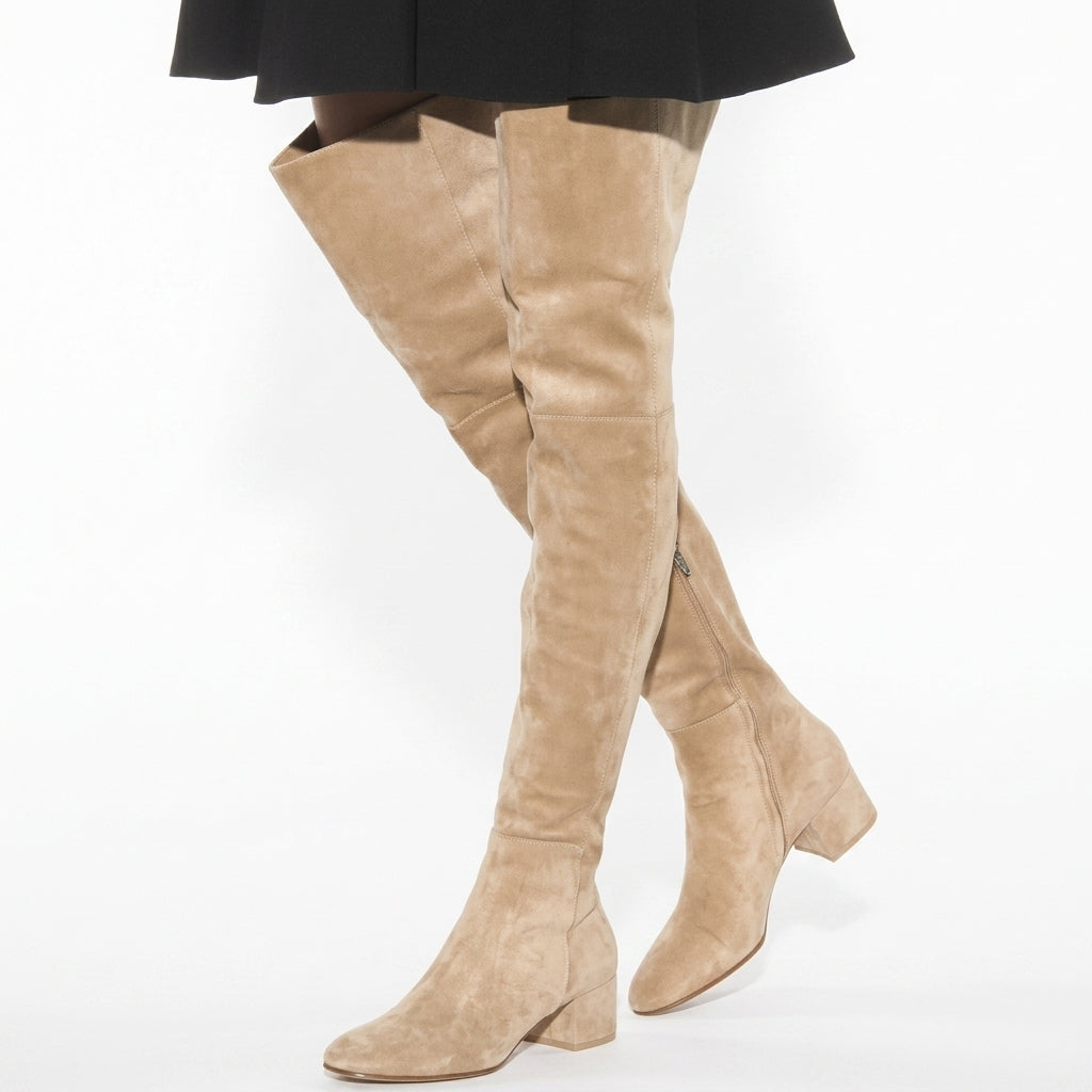 Stivali sopra il ginocchio da donna in camoscio con tacco largo e zip laterale, per l'autunno - Kaki