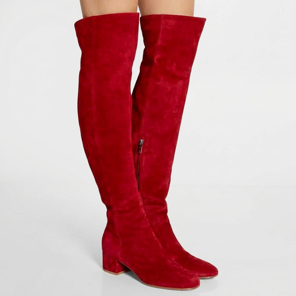 Stivali sopra il ginocchio da donna in camoscio con tacco largo e zip laterale, per l'autunno - Rosso
