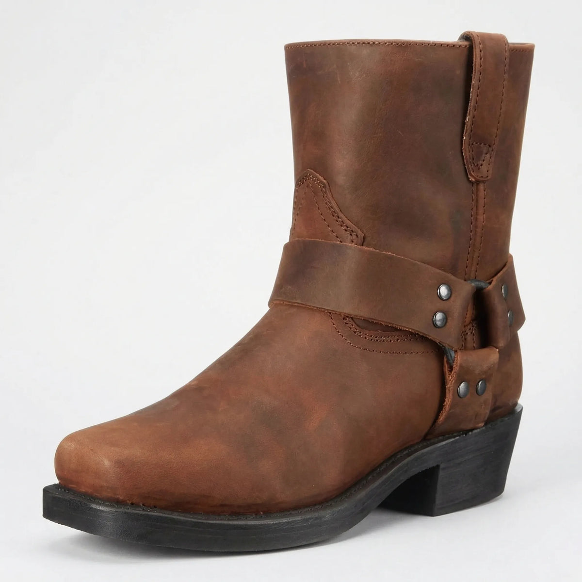 Stivali texani da uomo in pelle con cinturino e borchie, in stile western, per tutti i giorni e con i jeans - Marrone scuro