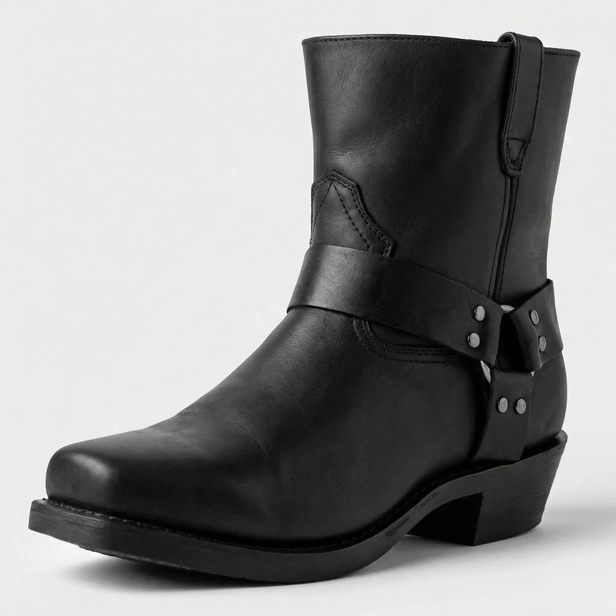Stivali texani da uomo in pelle con cinturino e borchie, in stile western, per tutti i giorni e con i jeans - Nero
