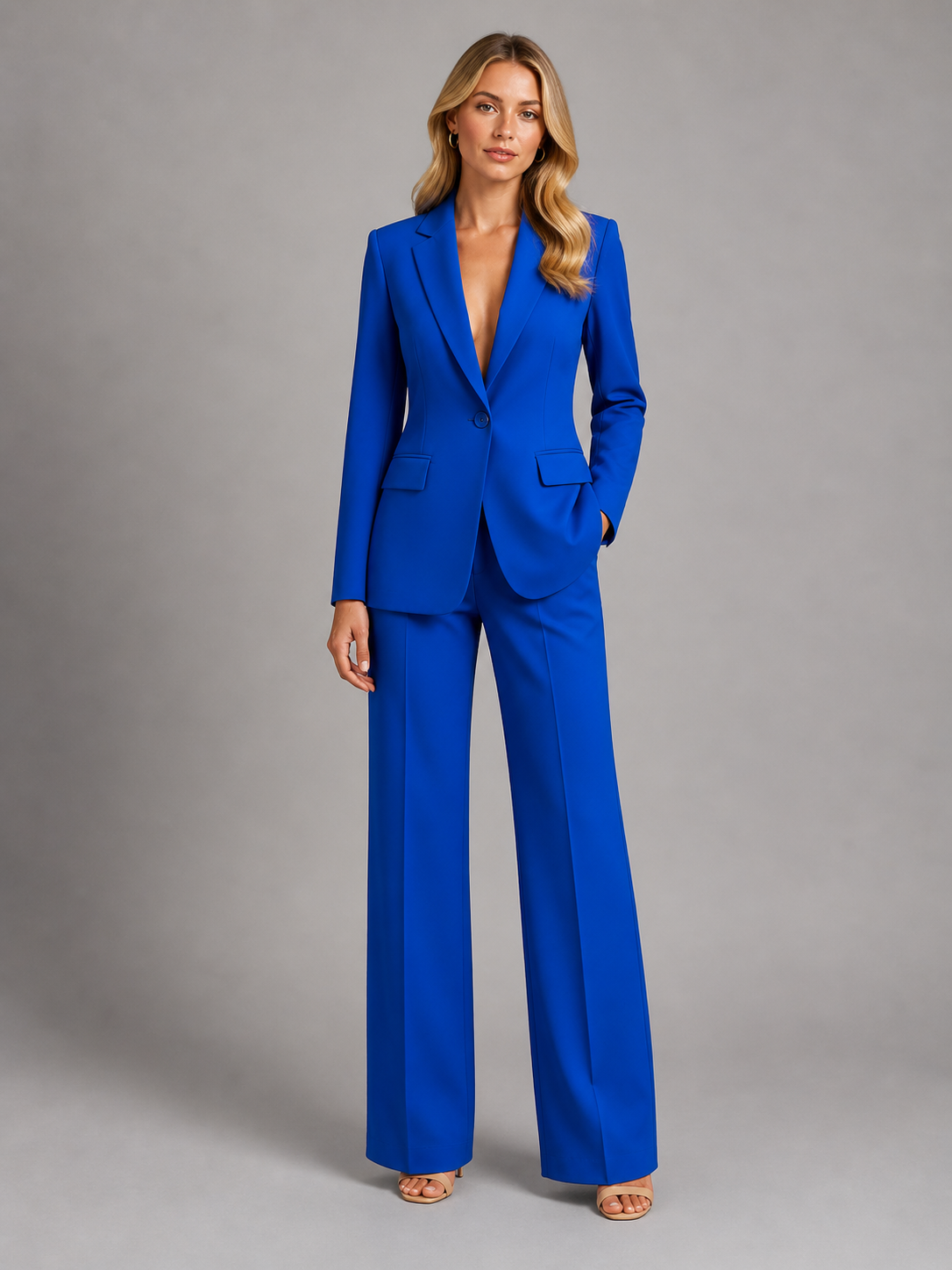 Tailleur pantalone da donna elegante con blazer e pantaloni a palazzo, per cerimonia, matrimonio e ufficio - Blu