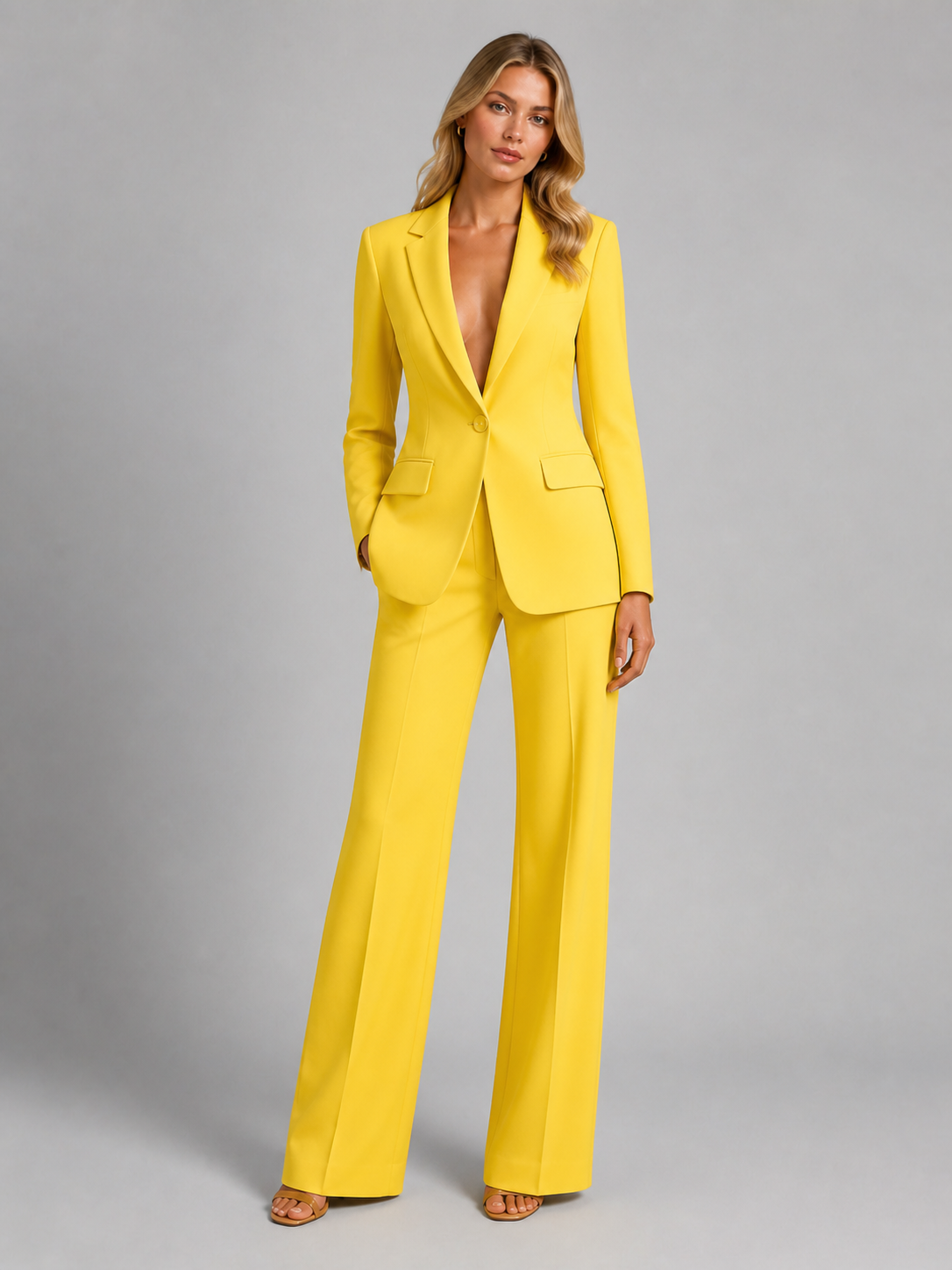 Tailleur pantalone da donna elegante con blazer e pantaloni a palazzo, per cerimonia, matrimonio e ufficio - Giallo
