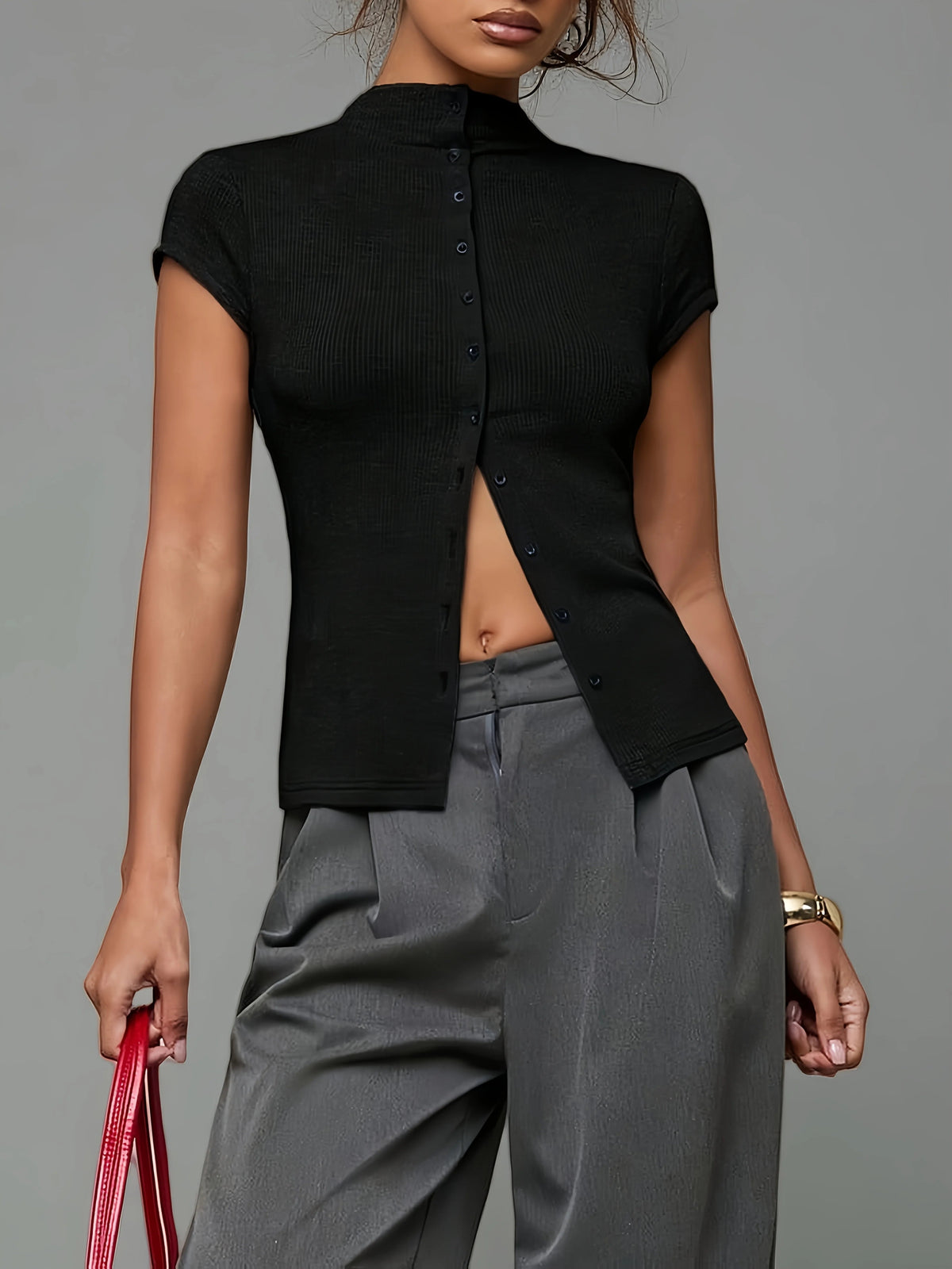 Top da donna aderente a manica corta con collo alto e bottoni, elegante da cerimonia e sottogiacca - view 10