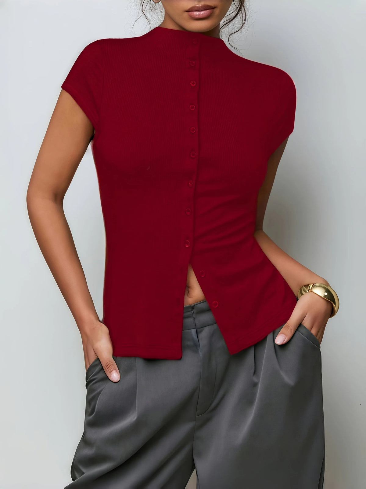 Top da donna aderente a manica corta con collo alto e bottoni, elegante da cerimonia e sottogiacca - view 11