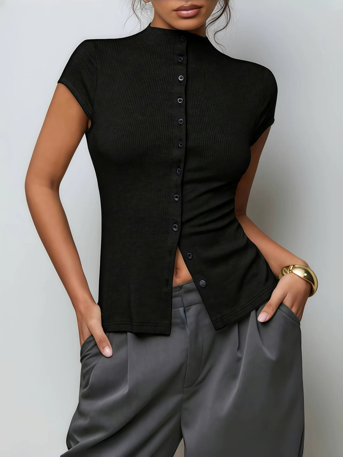 Top da donna aderente a manica corta con collo alto e bottoni, elegante da cerimonia e sottogiacca - view 8