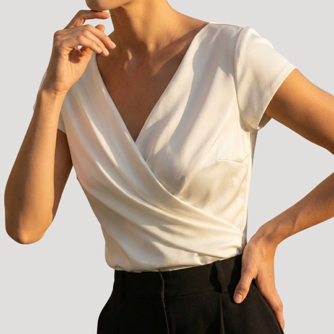 Top incrociato da donna elegante con scollo a V e manica corta, da cerimonia e sottogiacca - foto 6