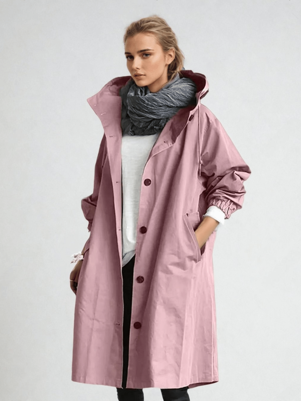 Trench da donna con cappuccio, oversize e lungo, soprabito elegante di mezza stagione - Rosa
