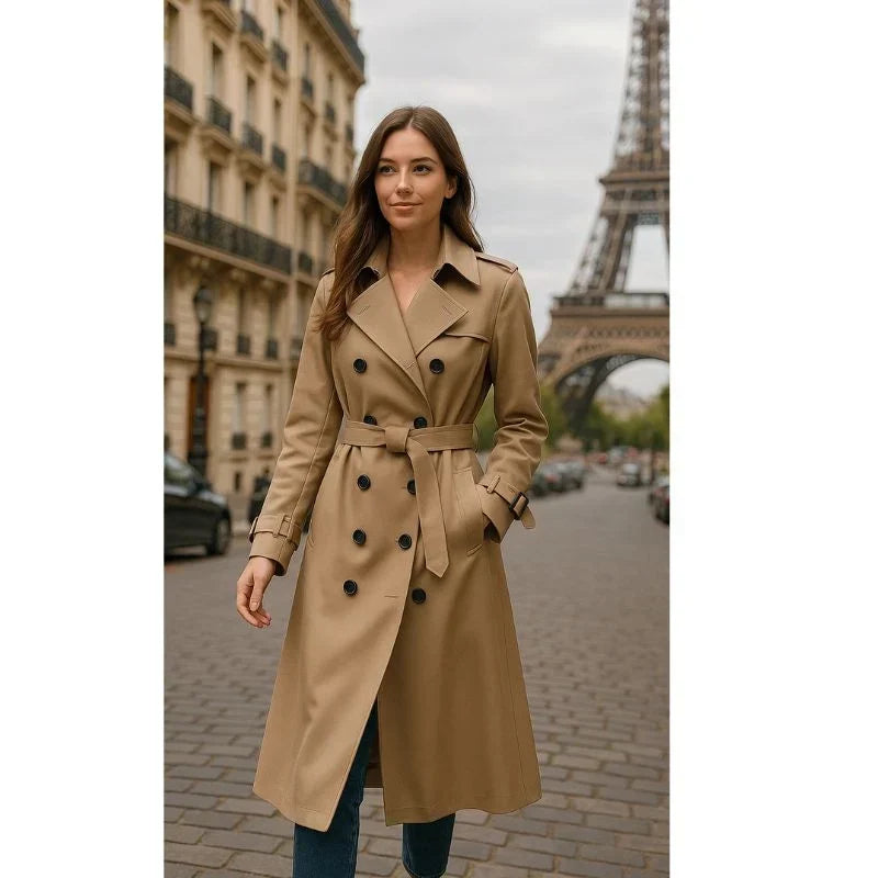 Trench da donna lungo doppiopetto con cintura, elegante per l'ufficio e tutti i giorni - view 6