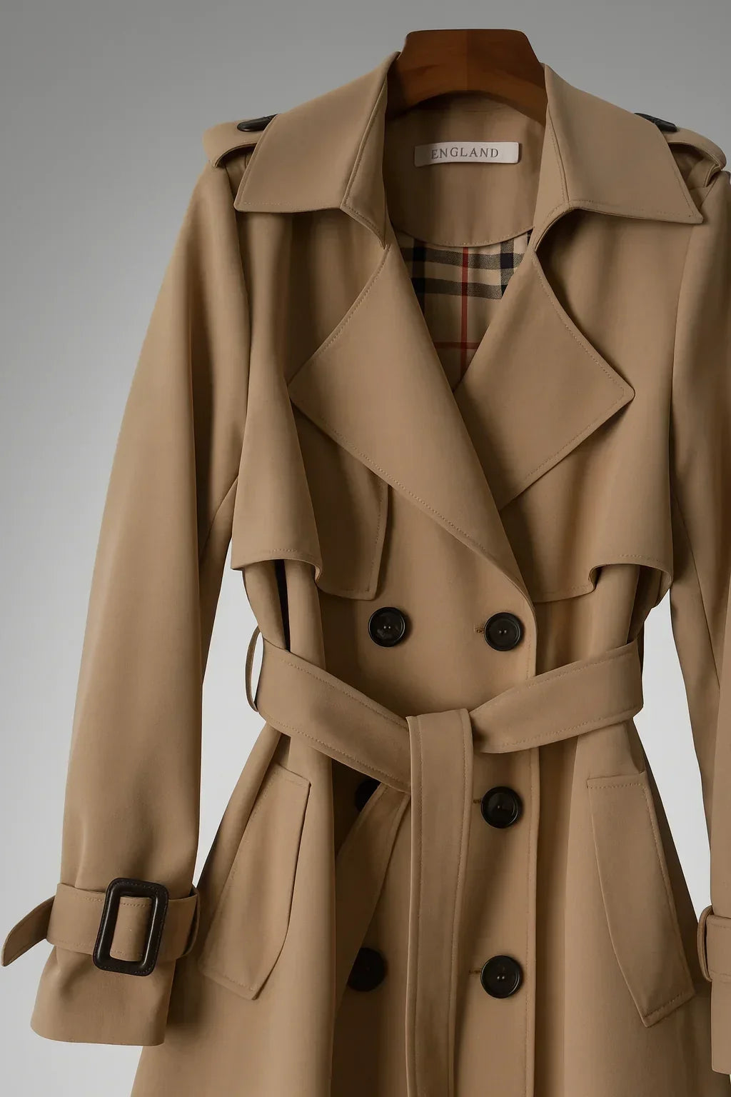 Trench da donna lungo doppiopetto con cintura, elegante per l'ufficio e tutti i giorni - view 8