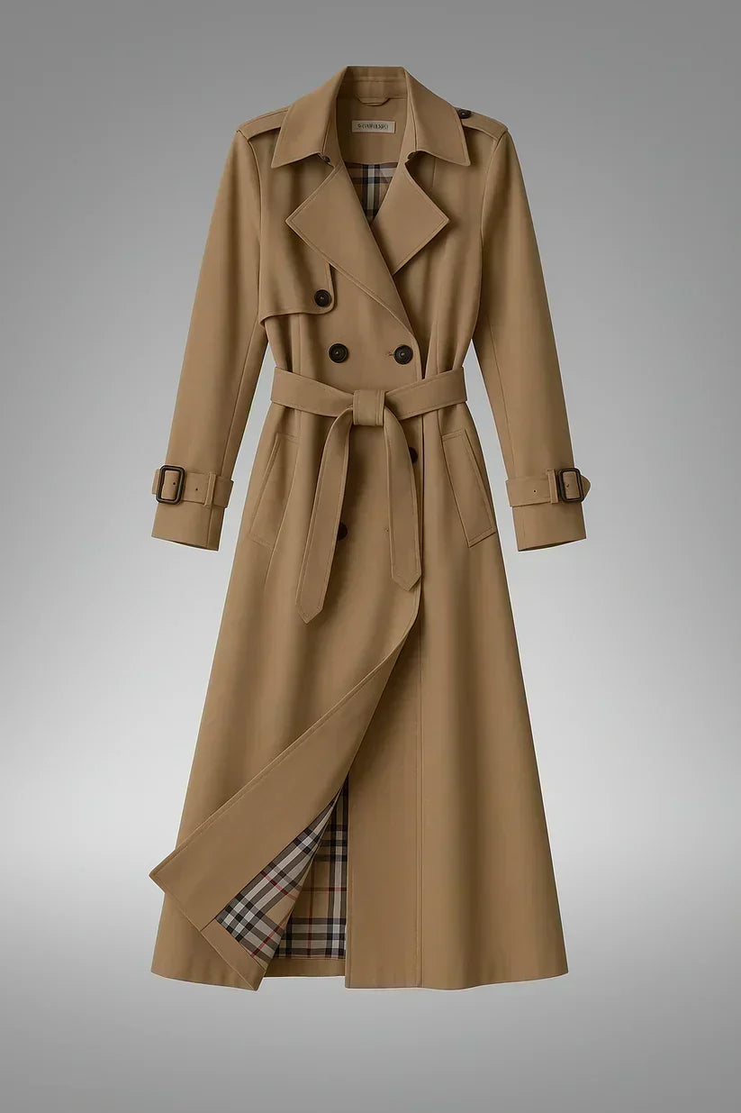 Trench da donna lungo doppiopetto con cintura, elegante per l'ufficio e tutti i giorni - Beige