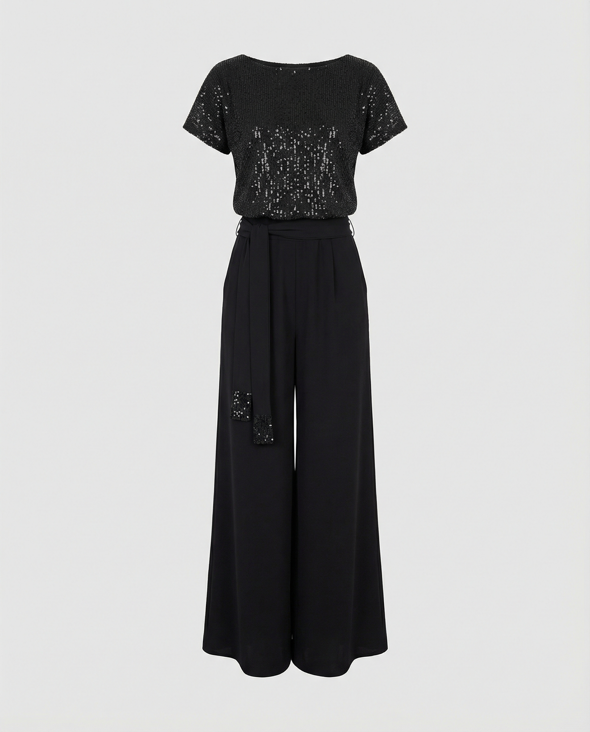 Tuta elegante da donna con paillettes e gamba larga, manica corta, per cerimonia e matrimonio - jumpsuit - foto 6
