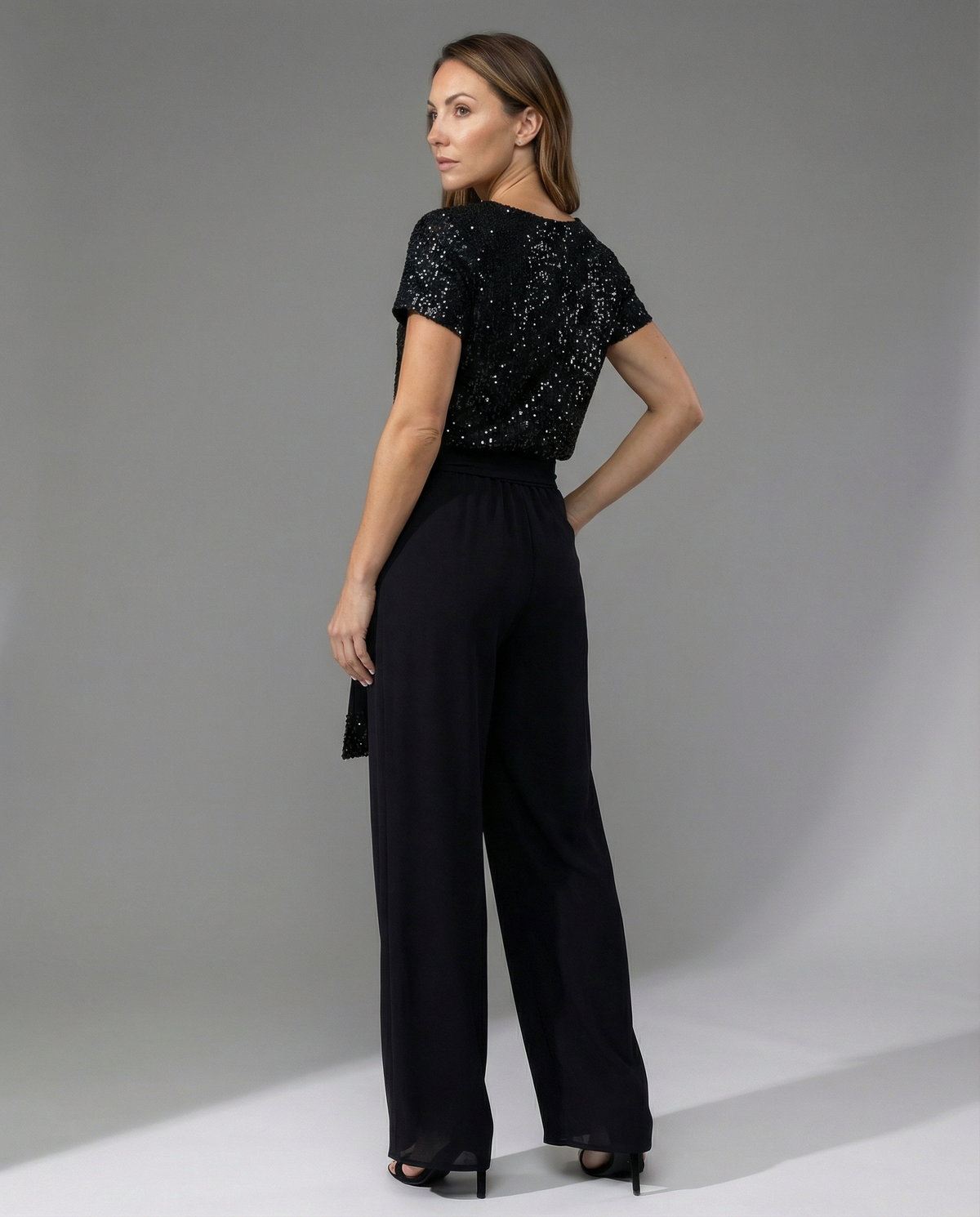 Tuta elegante da donna con paillettes e gamba larga, manica corta, per cerimonia e matrimonio - jumpsuit - foto 7