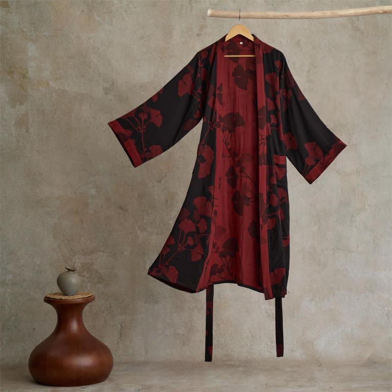 Vestaglia kimono in cotone con stampa ginkgo, reversibile - foto 1