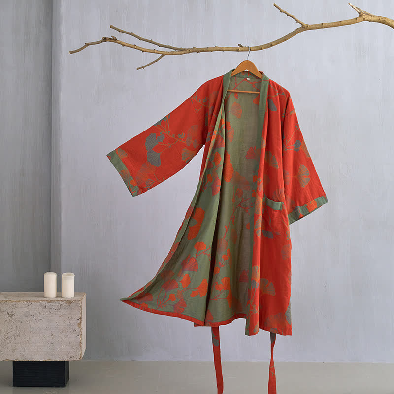 Vestaglia kimono in cotone con stampa ginkgo, reversibile - foto 10