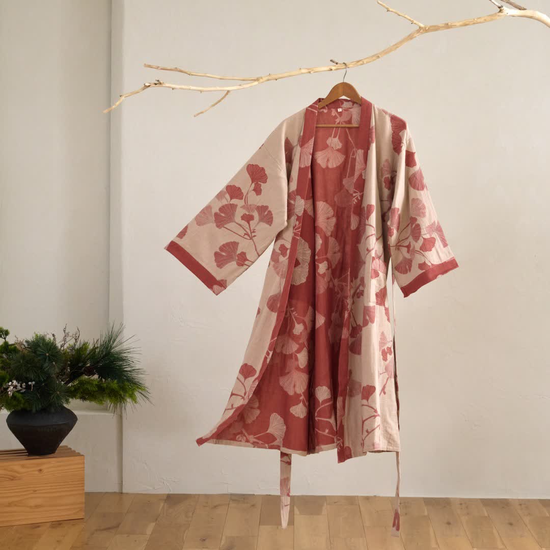 Vestaglia kimono in cotone con stampa ginkgo, reversibile - foto 12