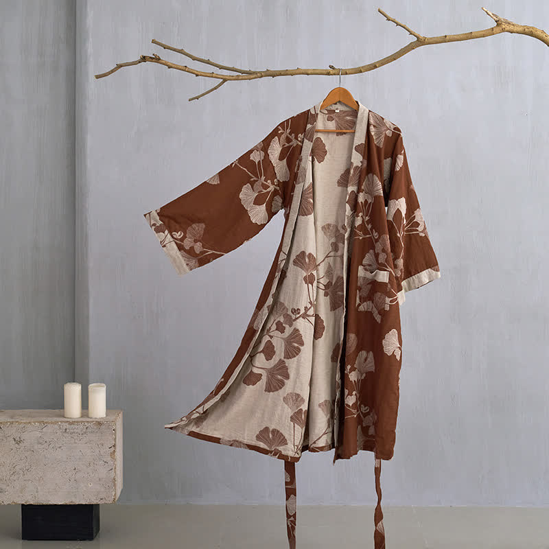 Vestaglia kimono in cotone con stampa ginkgo, reversibile - foto 13