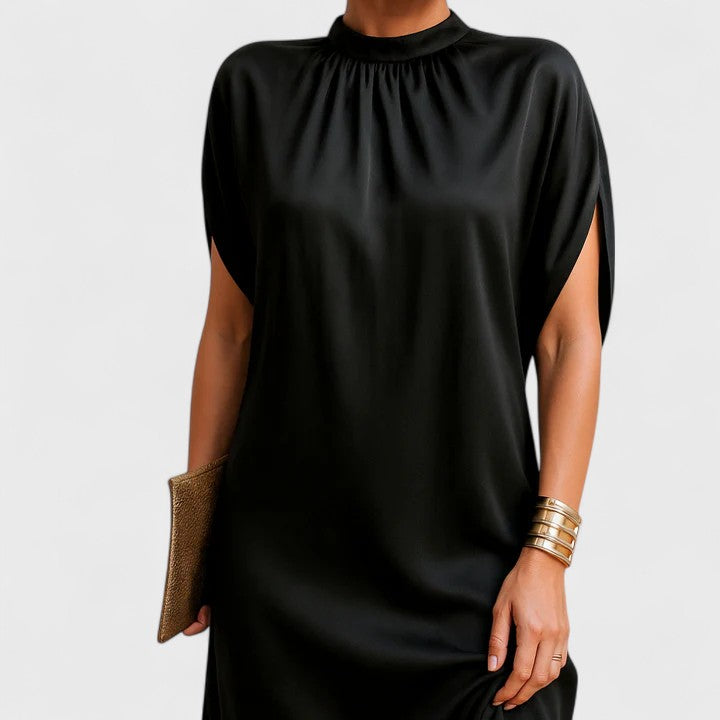 Vestito in raso da donna con collo alto e manica corta, elegante abito da cocktail, da sera e da festa - foto 2